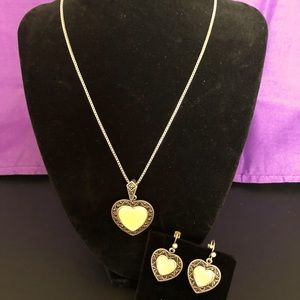Park Lane Heart Necklace “Love Story” Mother of Pearl Silverstone Marcasite